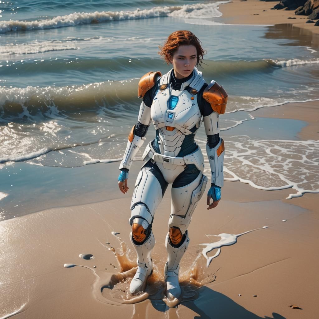 Woman in White Atreides Suit on Shoreline