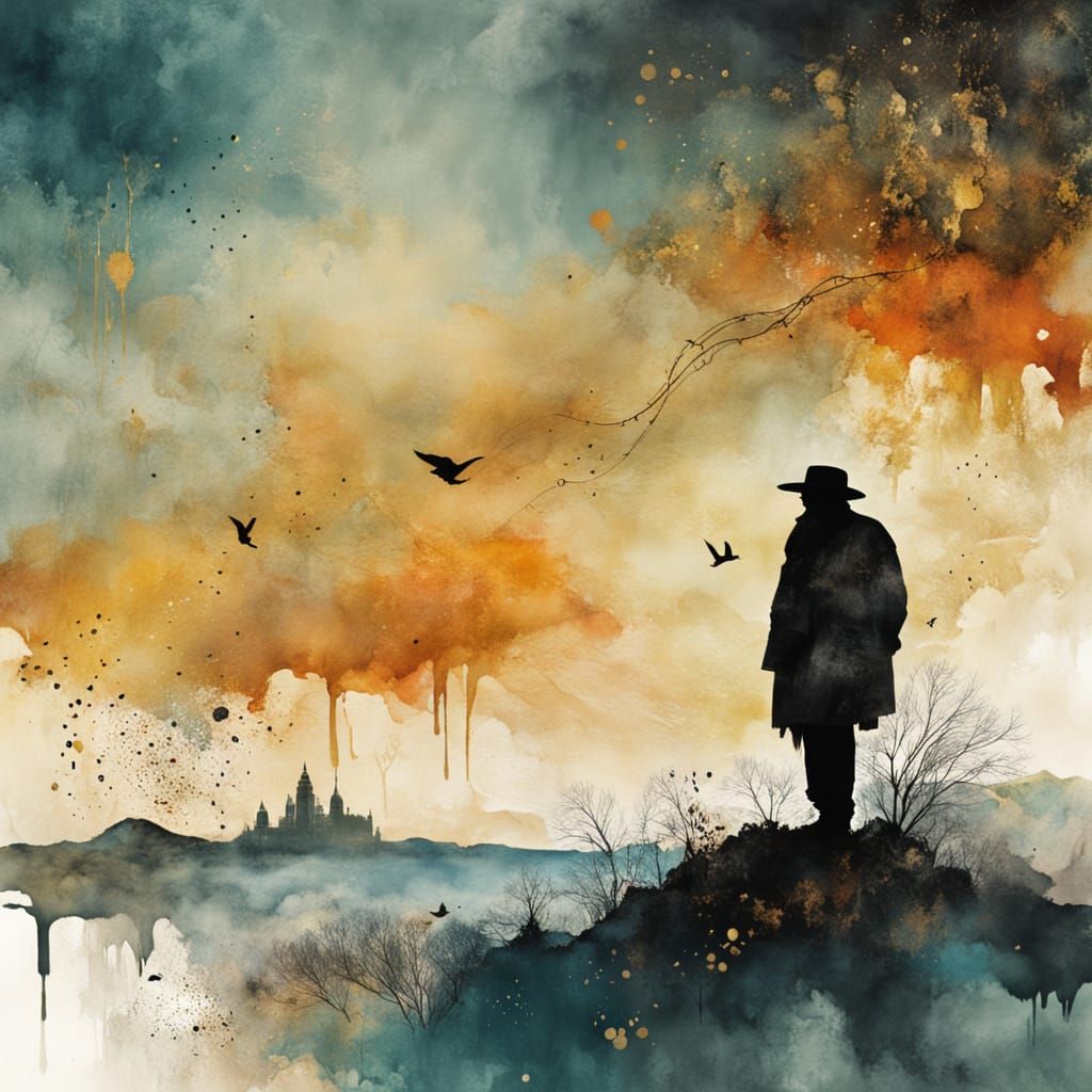 Ethereal Twilight Figure in Mixed-Media Grunge Style