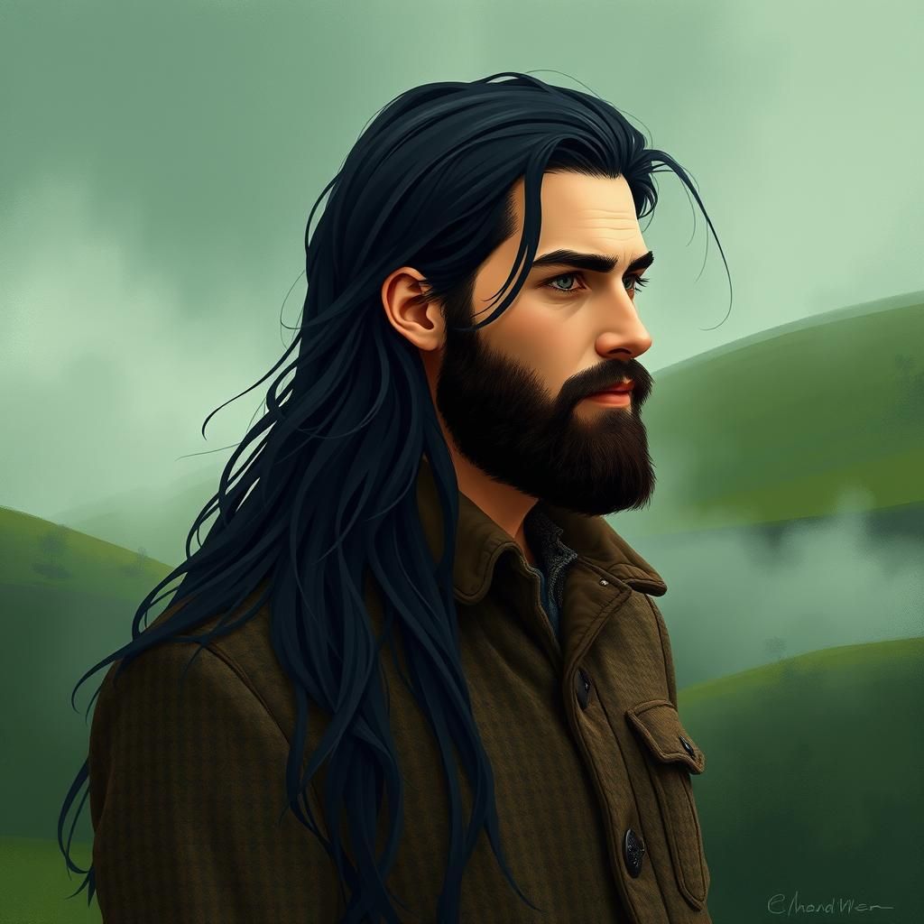Irish Man with Long Hair in Romantic Folk Art Style