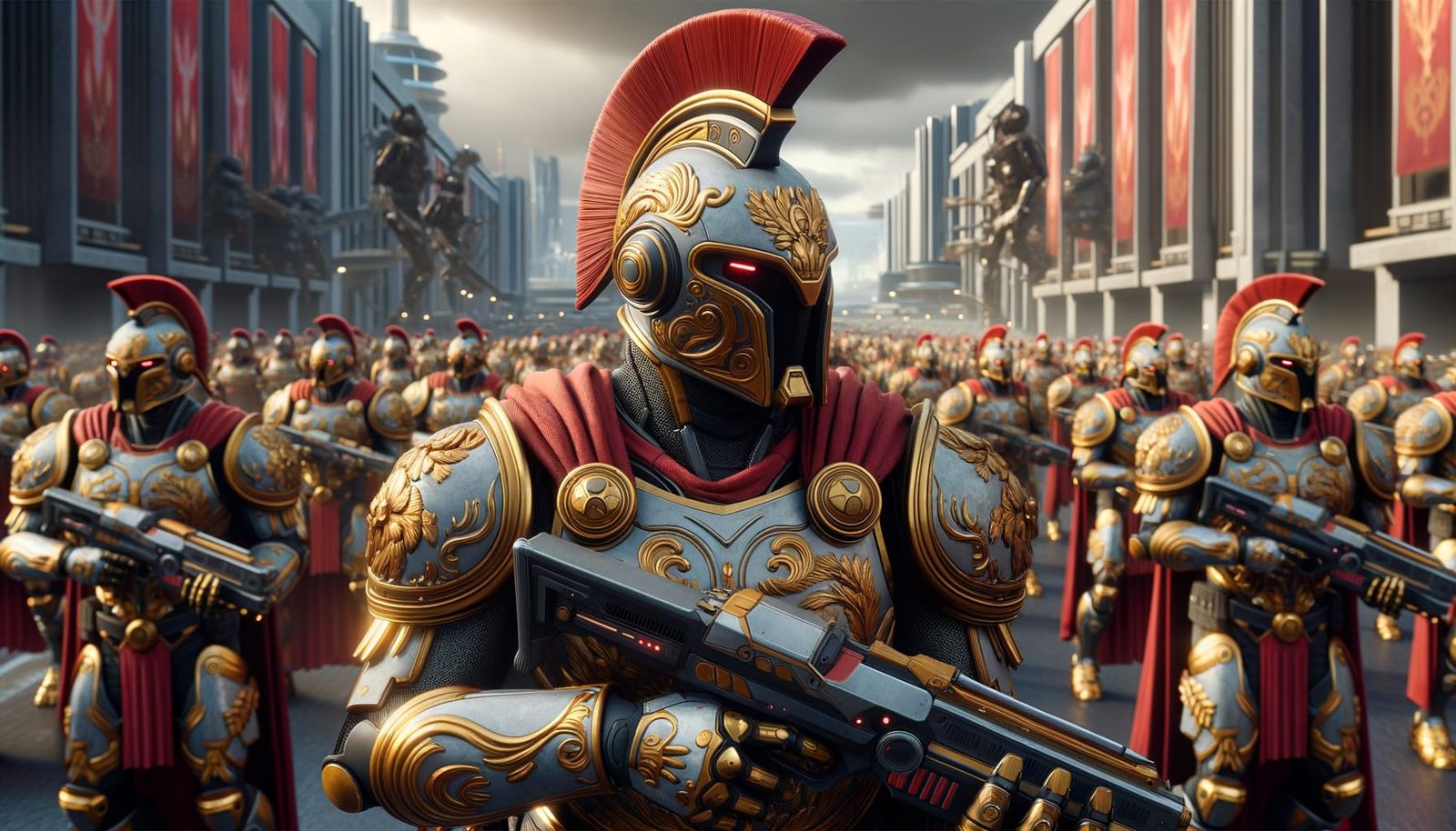 Futuristic Roman Soldiers Marching in Cyberpunk City