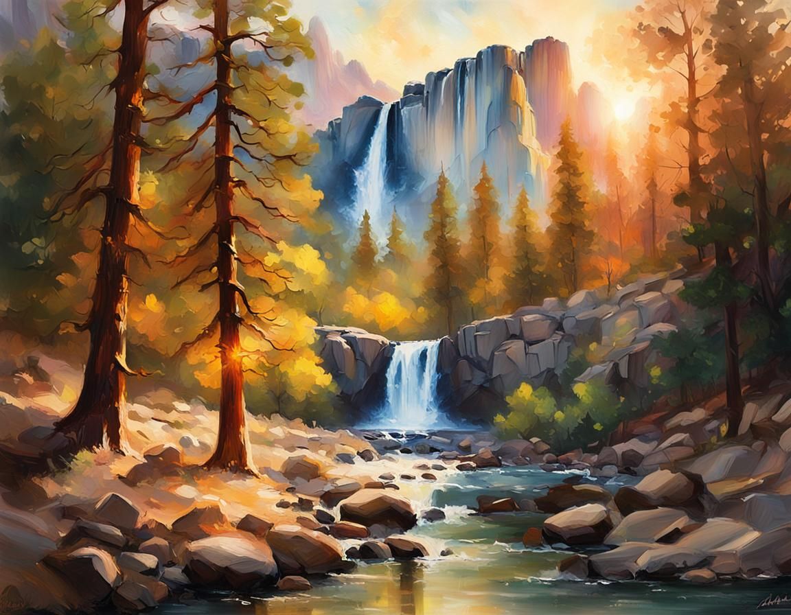 Golden Hour Waterfall in Yosemite: Impressionistic Alcohol I...