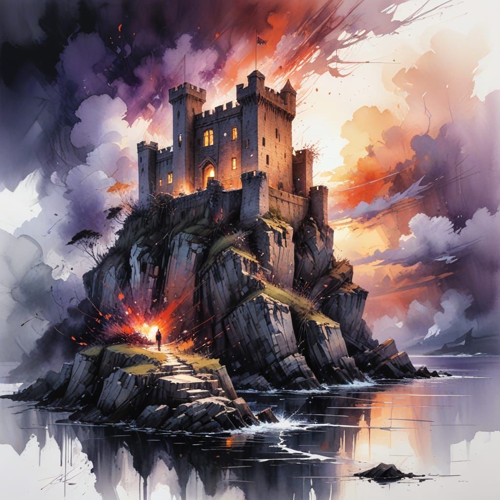 Island Castle at Sunset in Dramatic Chiaroscuro Oil