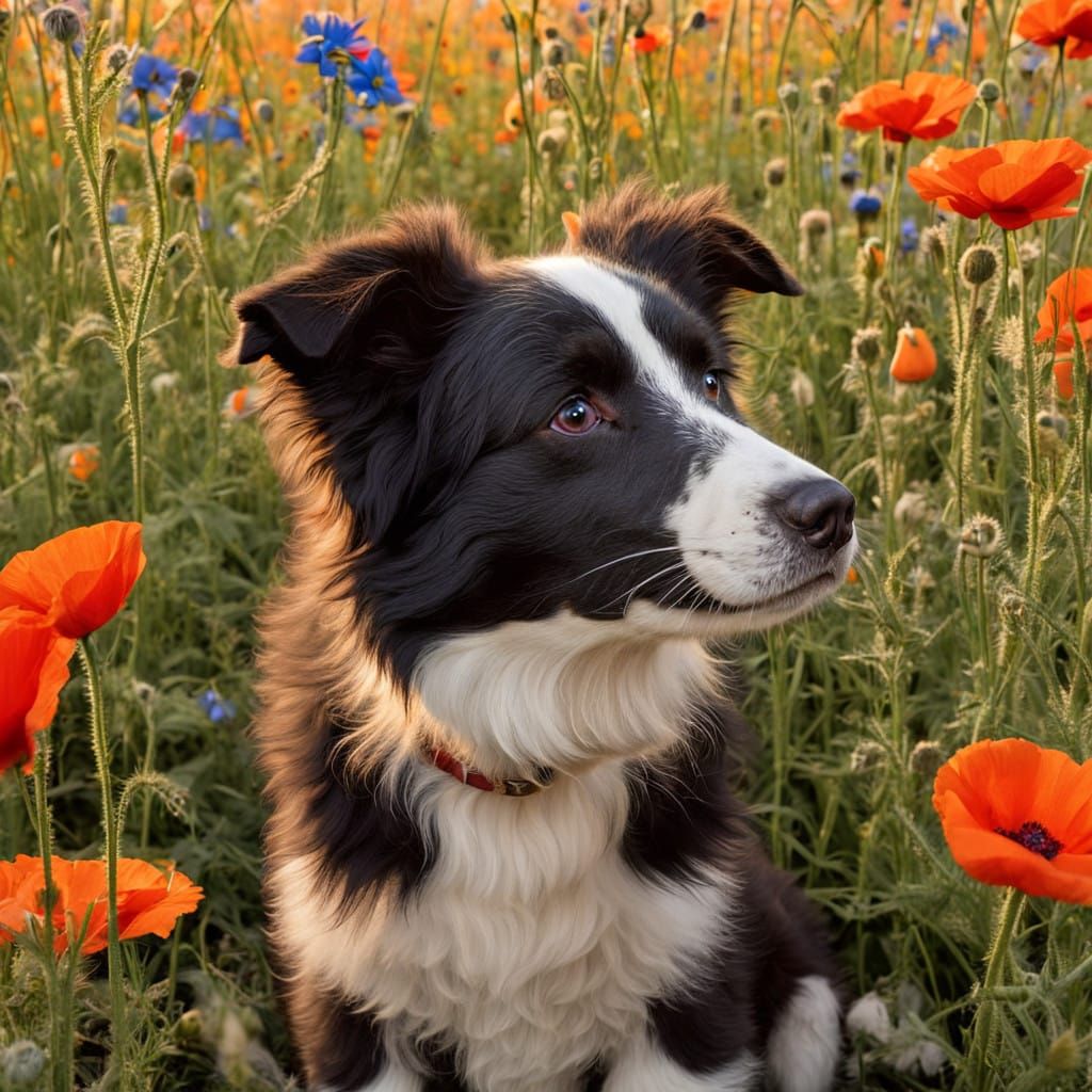 Surreal Border Collie Puppy in a Vibrant Wildflower Meadow