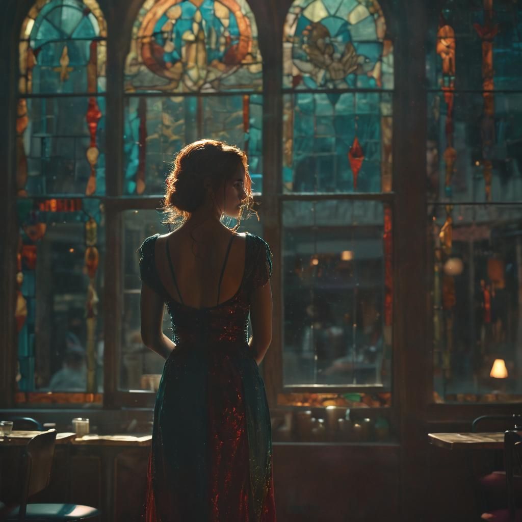 Woman in Fantastical Pizzeria with Dramatic Lighting