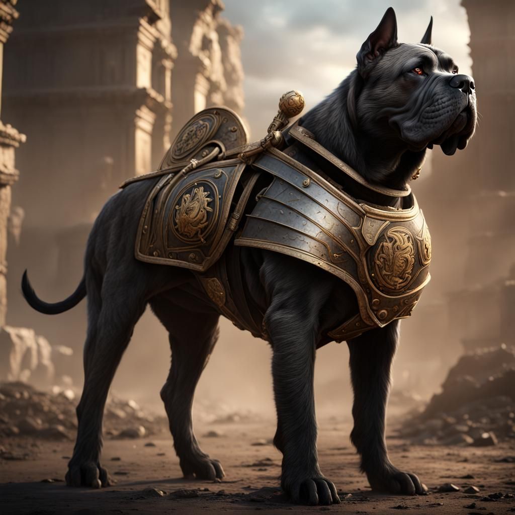 Cane Corso Dog in Roman Battle Gear