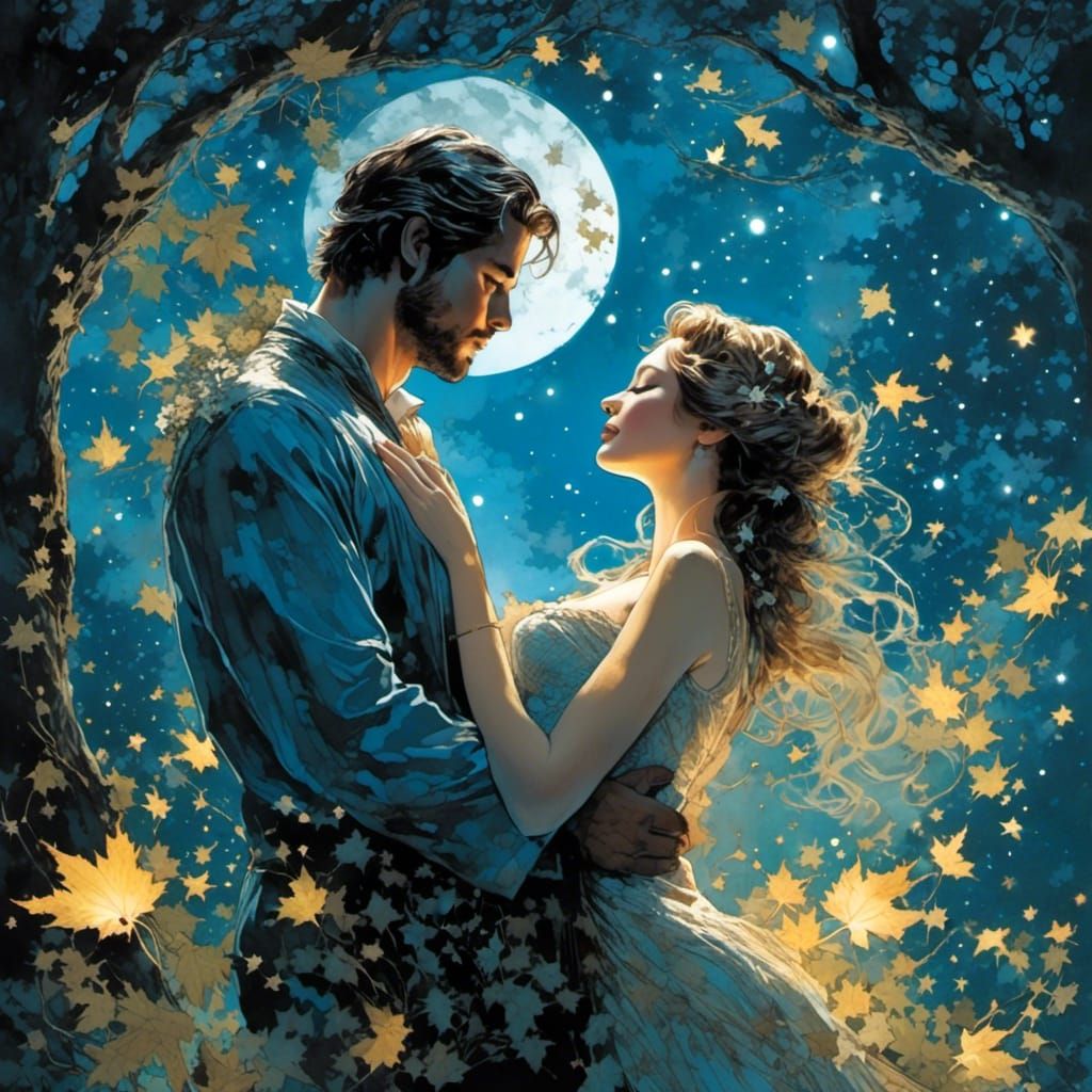 Dreamy Couple Embracing Under Starry Moonlight