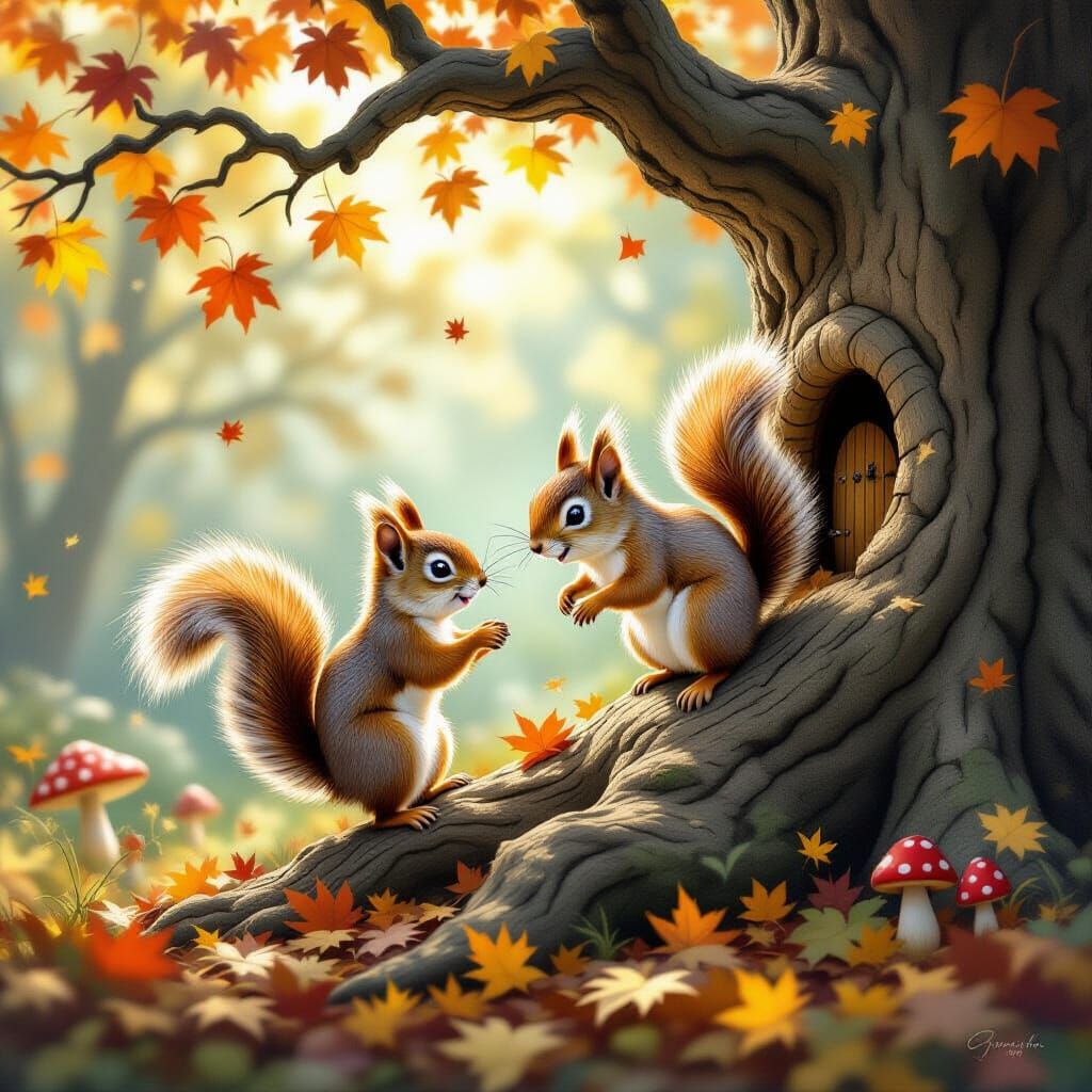 Whimsical Squirrels Play in Enchanted Forest