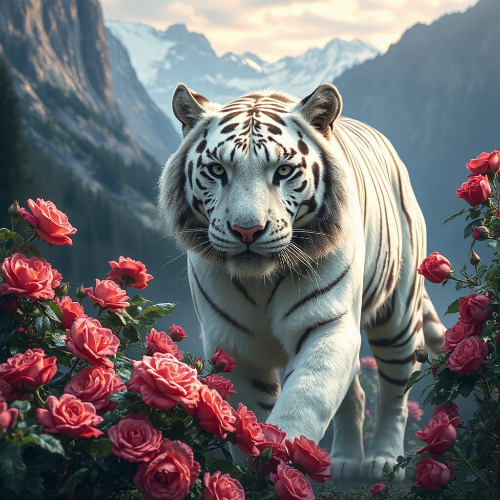 Majestic White Tiger in Mountain of Roses