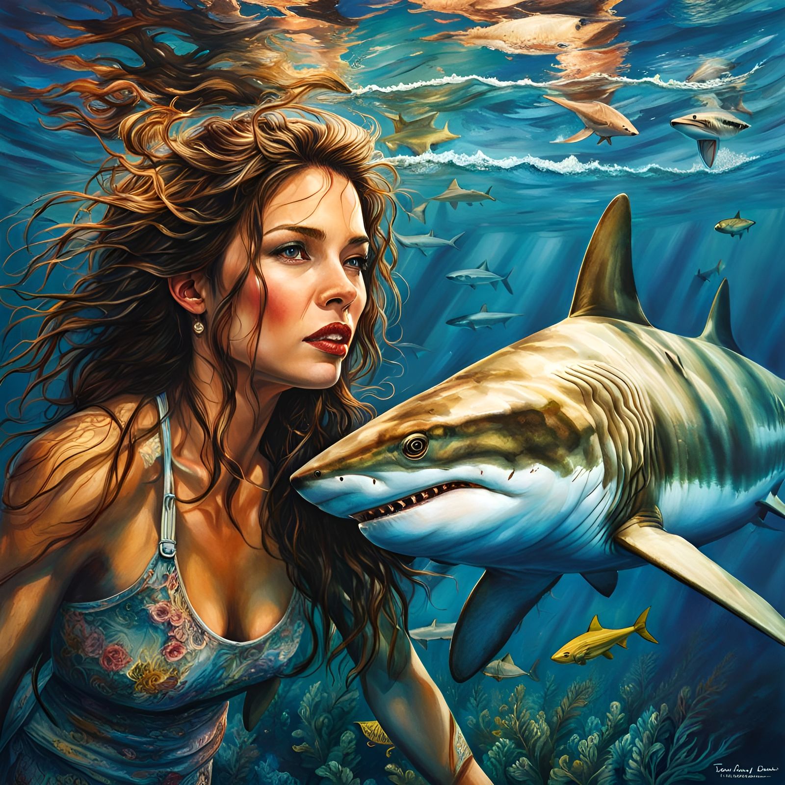 Hyperrealistic Sharks Swimming in Ocean as Watercolor