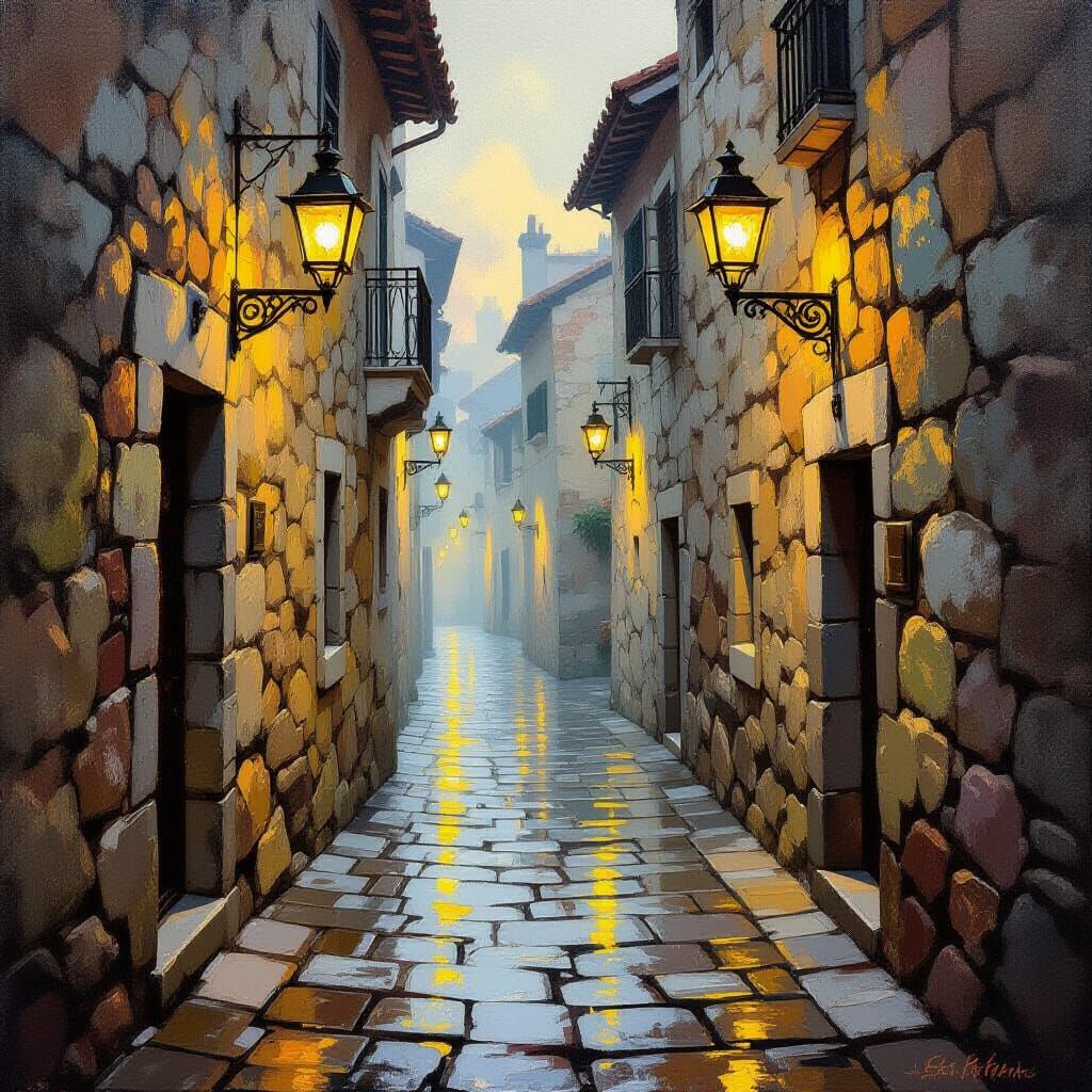 Nostalgic Alleyway Lit by Antique Lanterns
