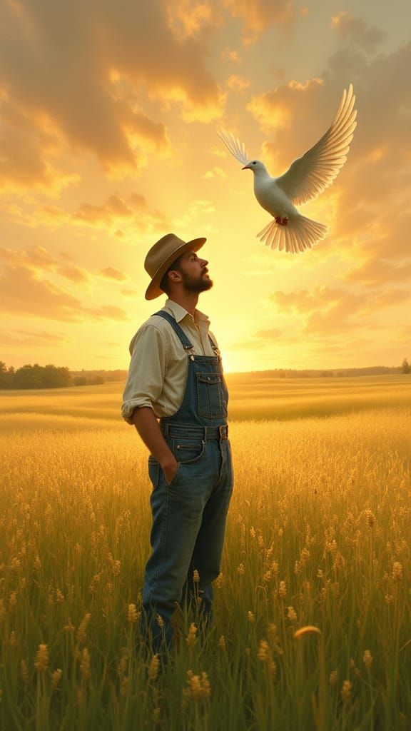 Peaceful Farmer Surveys Majestic Dove in Sunset Landscape