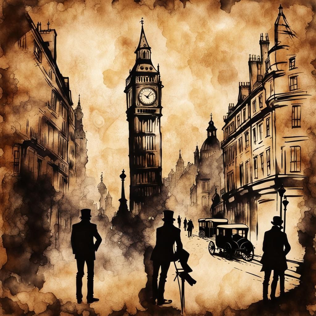 London Sights in Steampunk Ink Painting Style