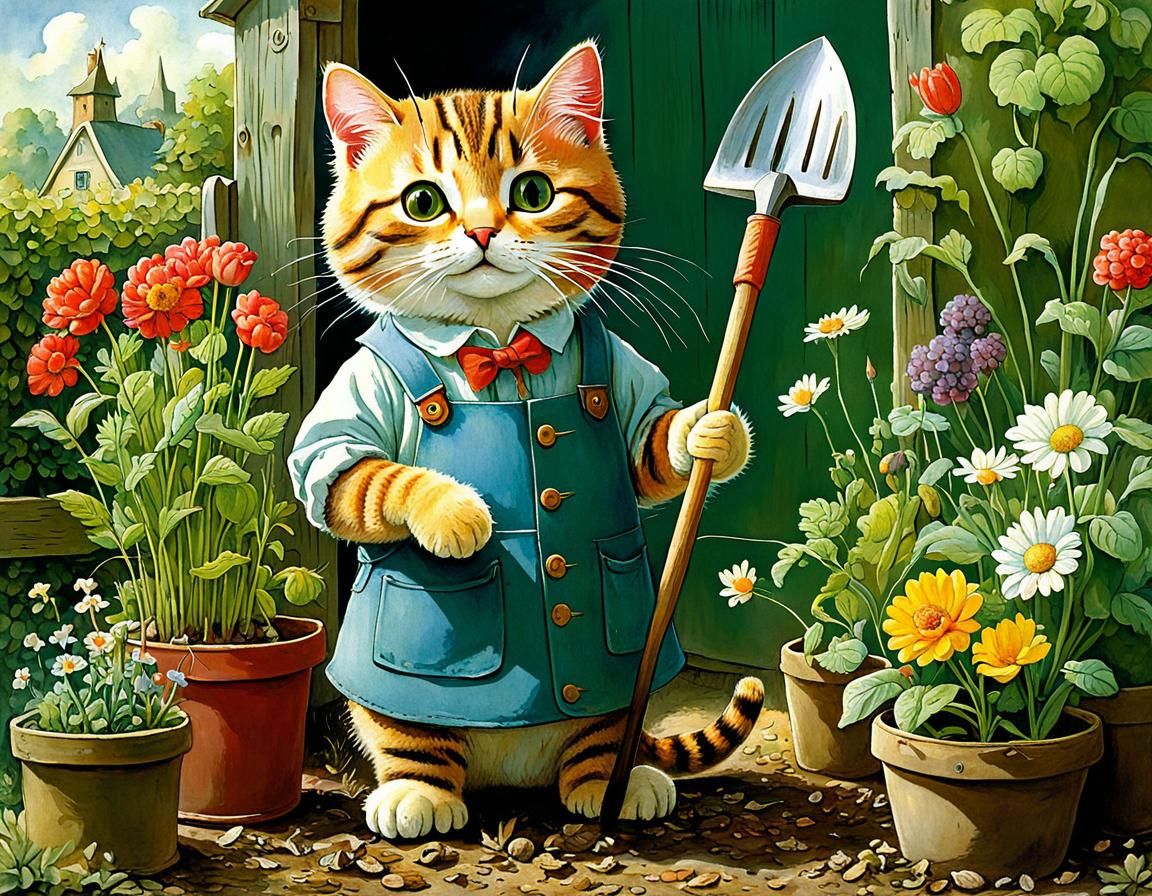 Cat Gardener in Storybook Illustration Style