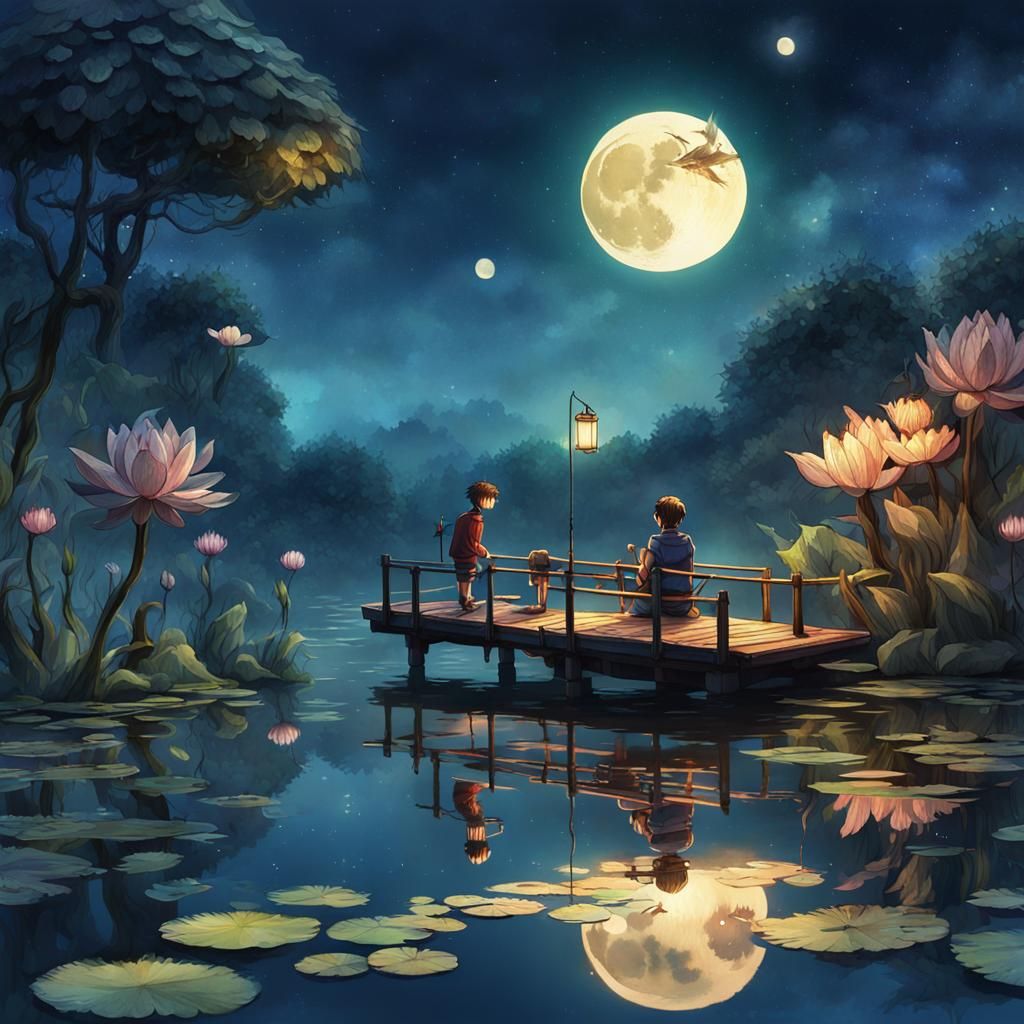 Boy Fishing at Night: Watercolor Anime Scene