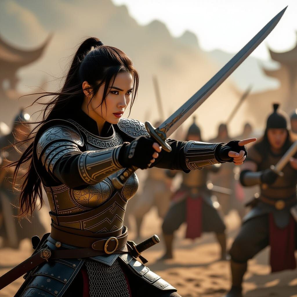 Asian Female Warrior Battles Enemies: Cinematic Film Still