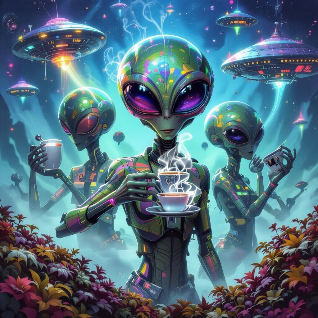 Alien Sips Coffee in Surreal Neon Landscape