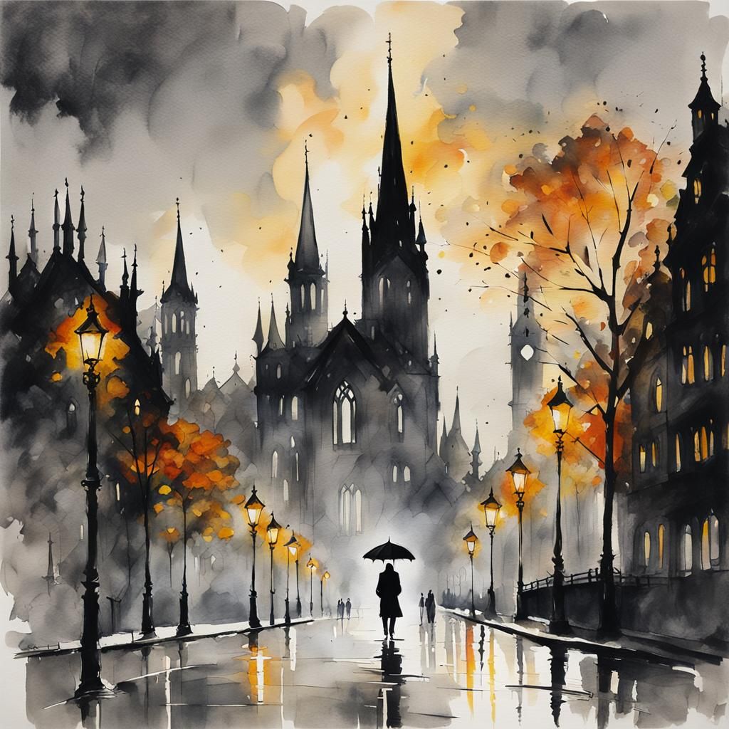Ethereal Gothic Cityscape in Impressionist Style