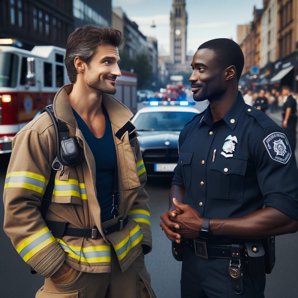 Firefighter and Police Officer Chatting on City Street