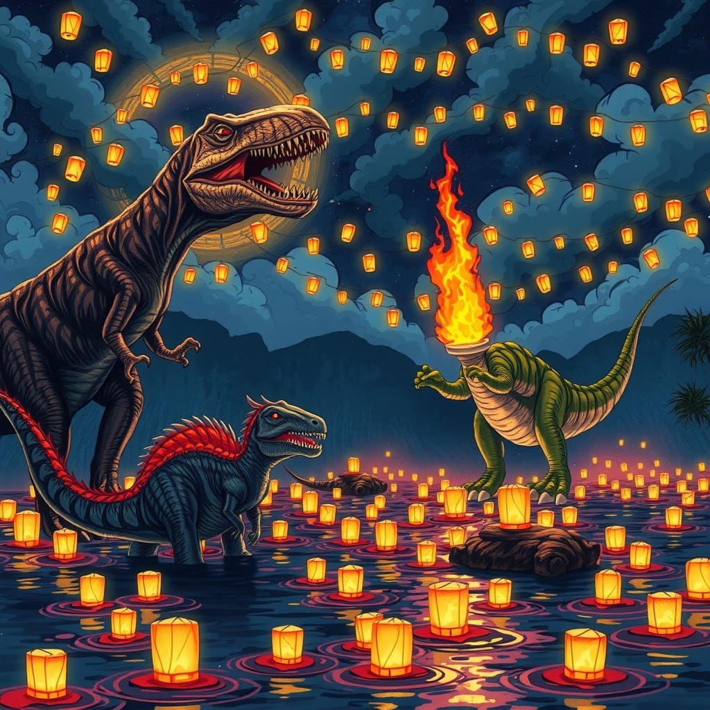 Cartoon Lantern Glows Over Prehistoric Riverbed