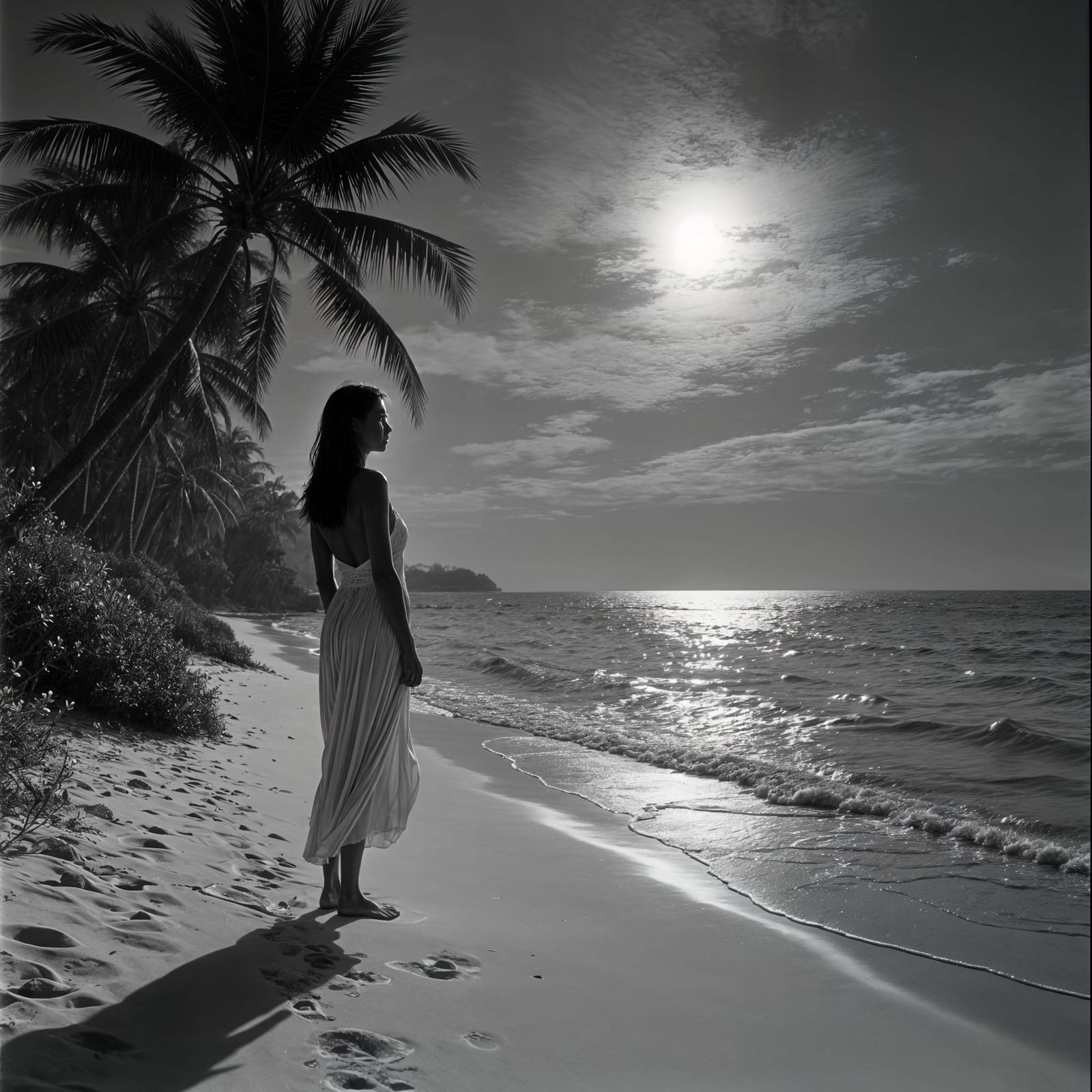 Tranquil Midnight Beach Under Moonlit Sky