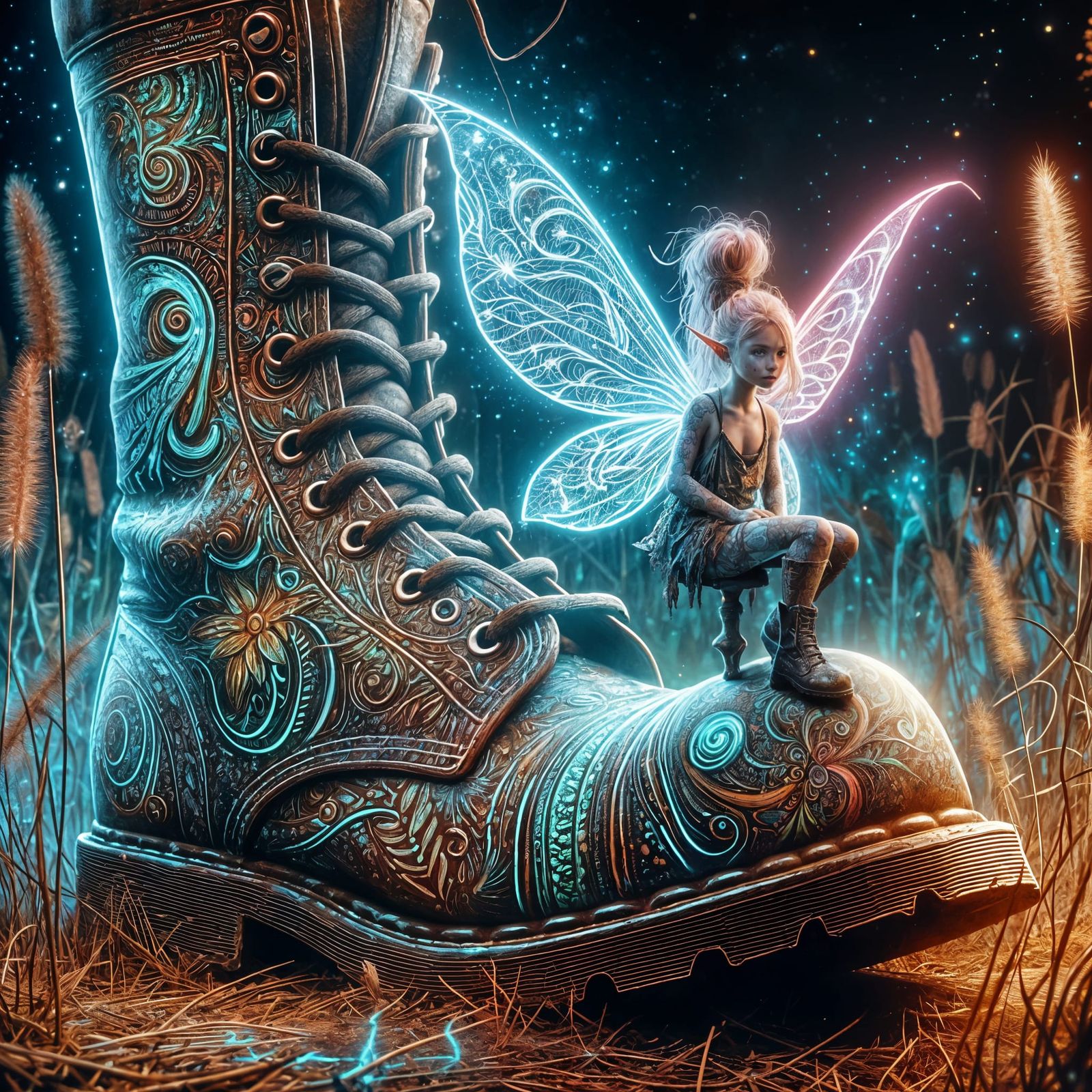 Fantasy Fairy on a Shabby Boot in a Neon Linework Tattoo Sty...