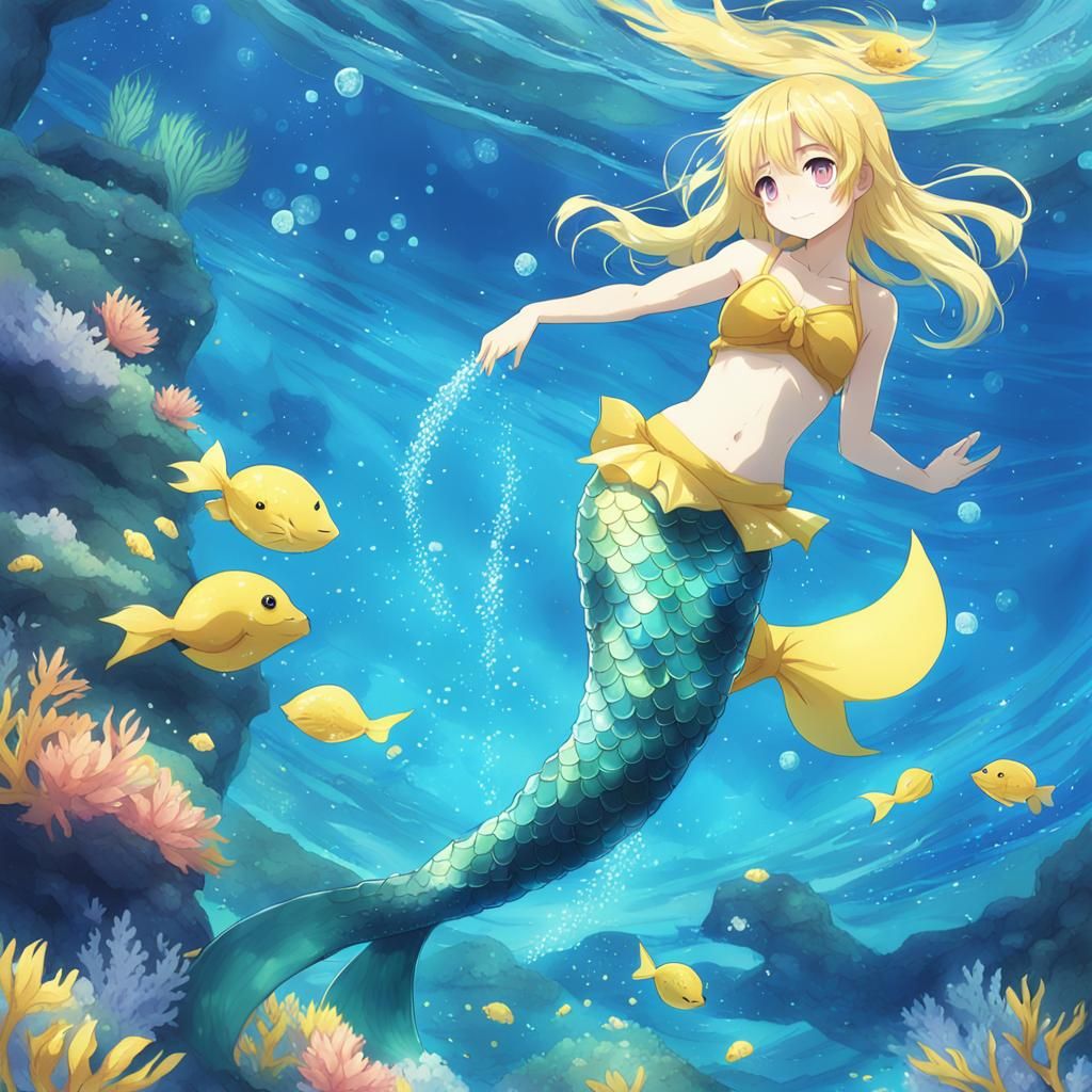 Blond Mermaid Girl in Anime Style