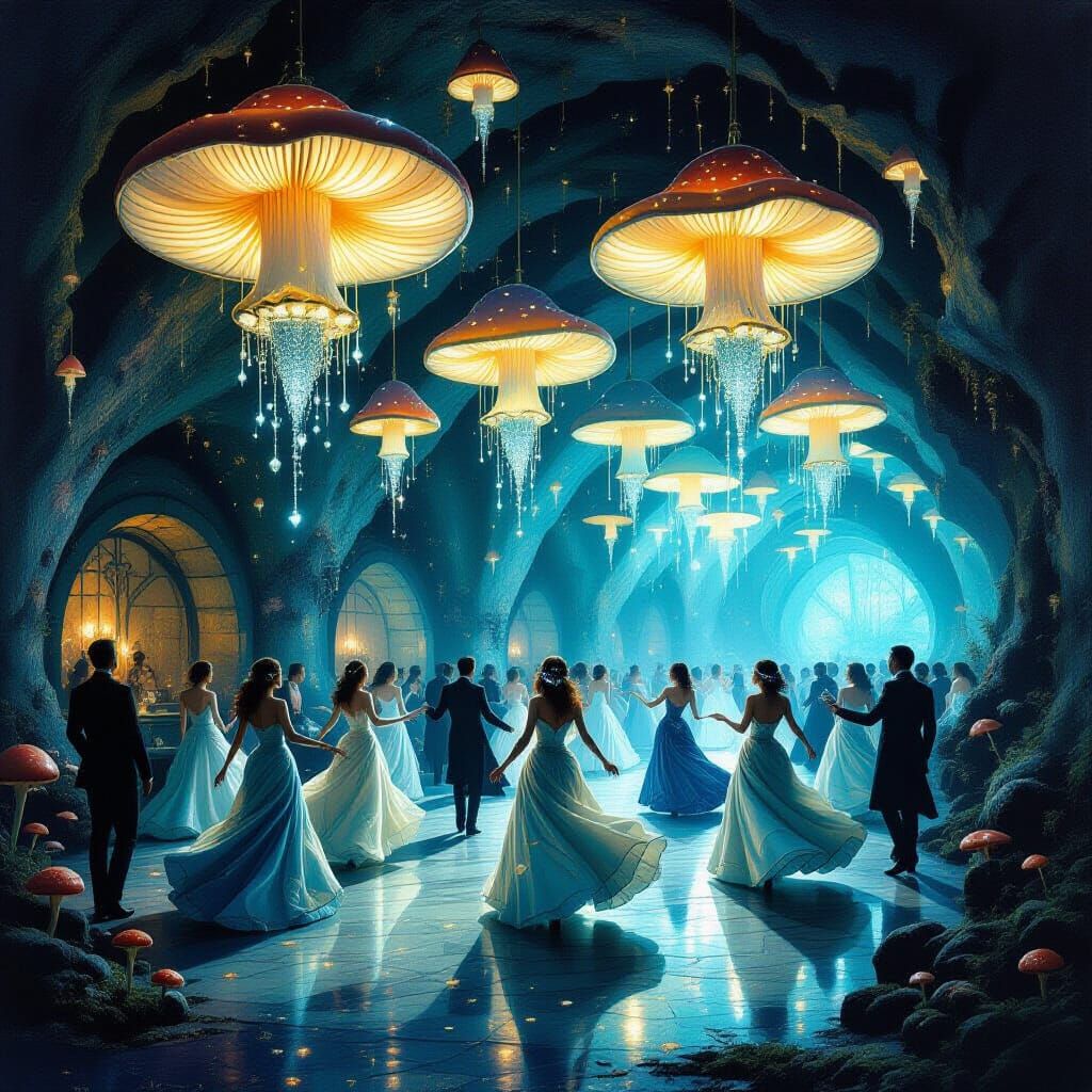Enchanted Fungi Ballroom: Surrealist Oil Painting of Dancing...