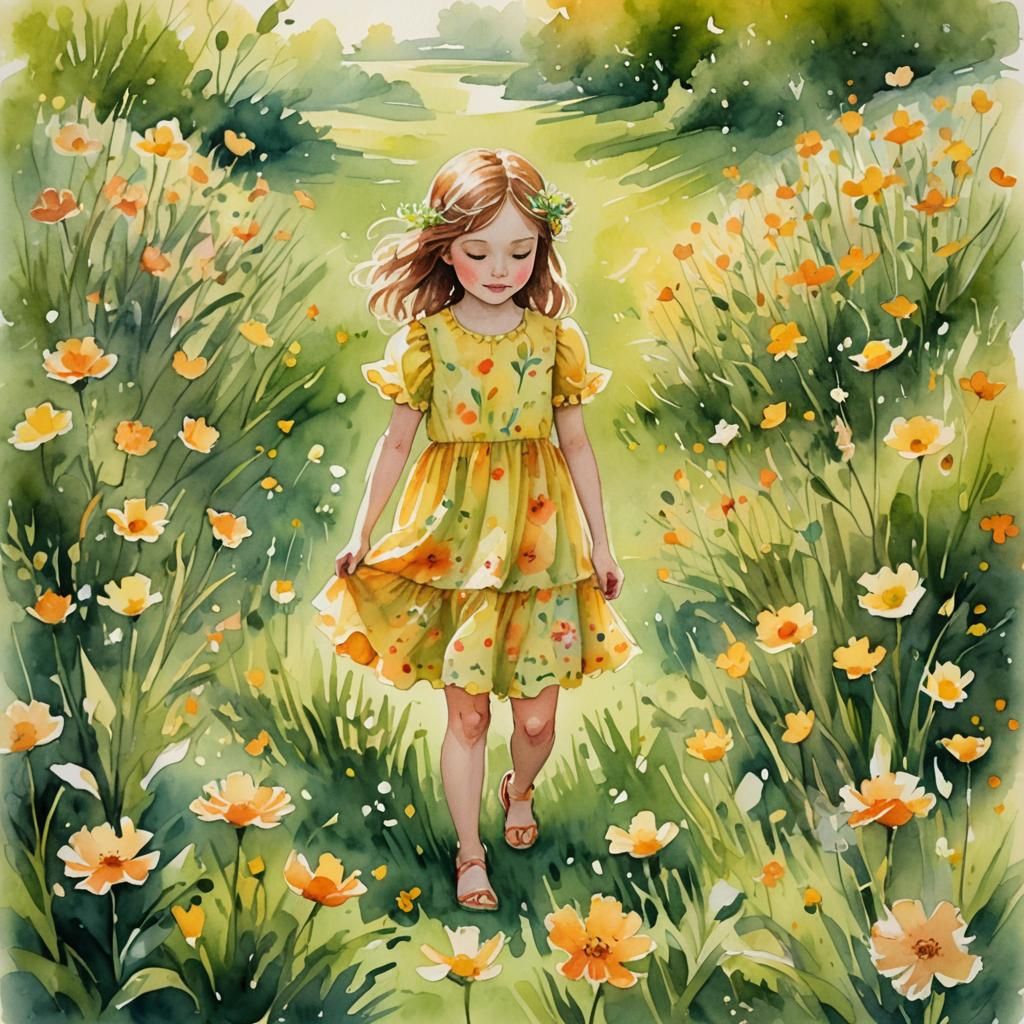 Watercolor Whimsy: Young Girl in a Vibrant Floral Meadow