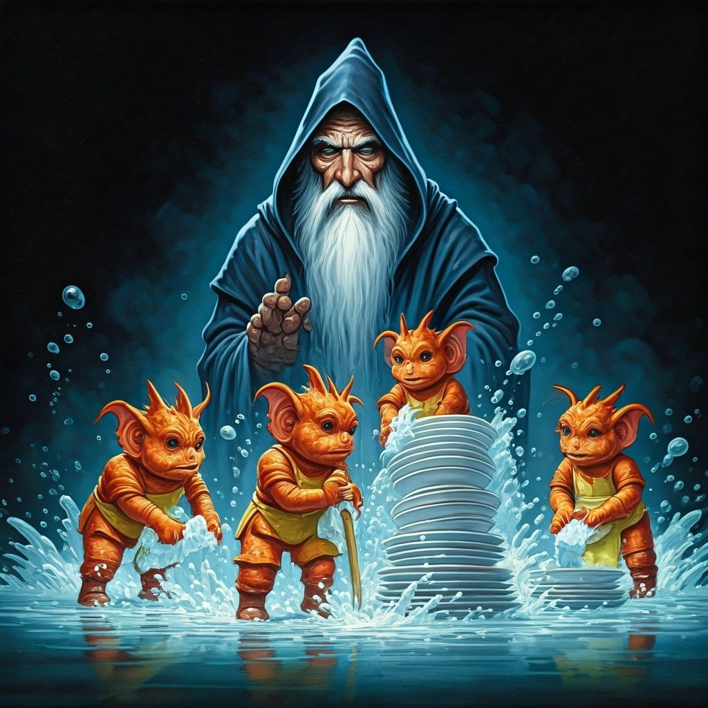 Fantasy Gnomes Washing Dishes with Giant Wizard