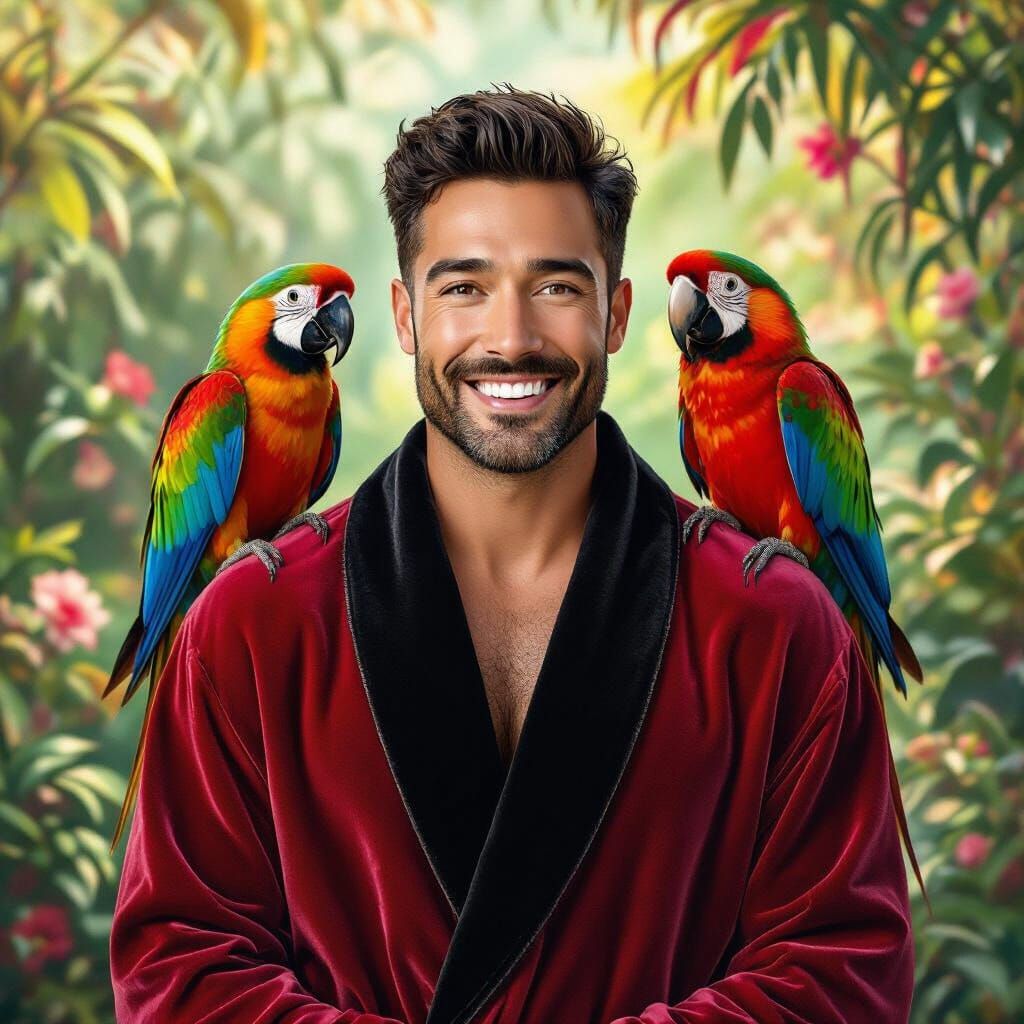 Man in Red Velvet Robe with Parrots, Realistic Portrait