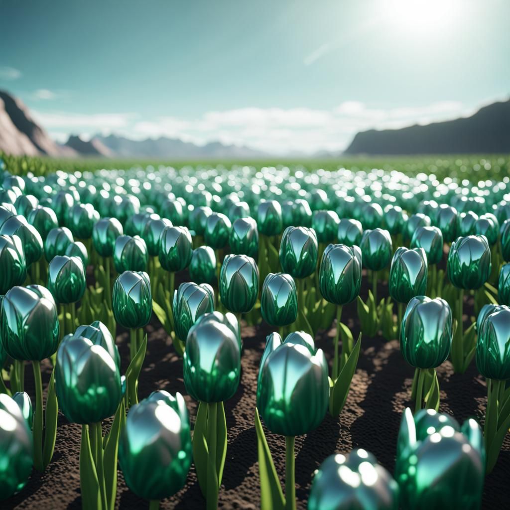 Emerald Silver Tulip Field in Sci-Fi Style