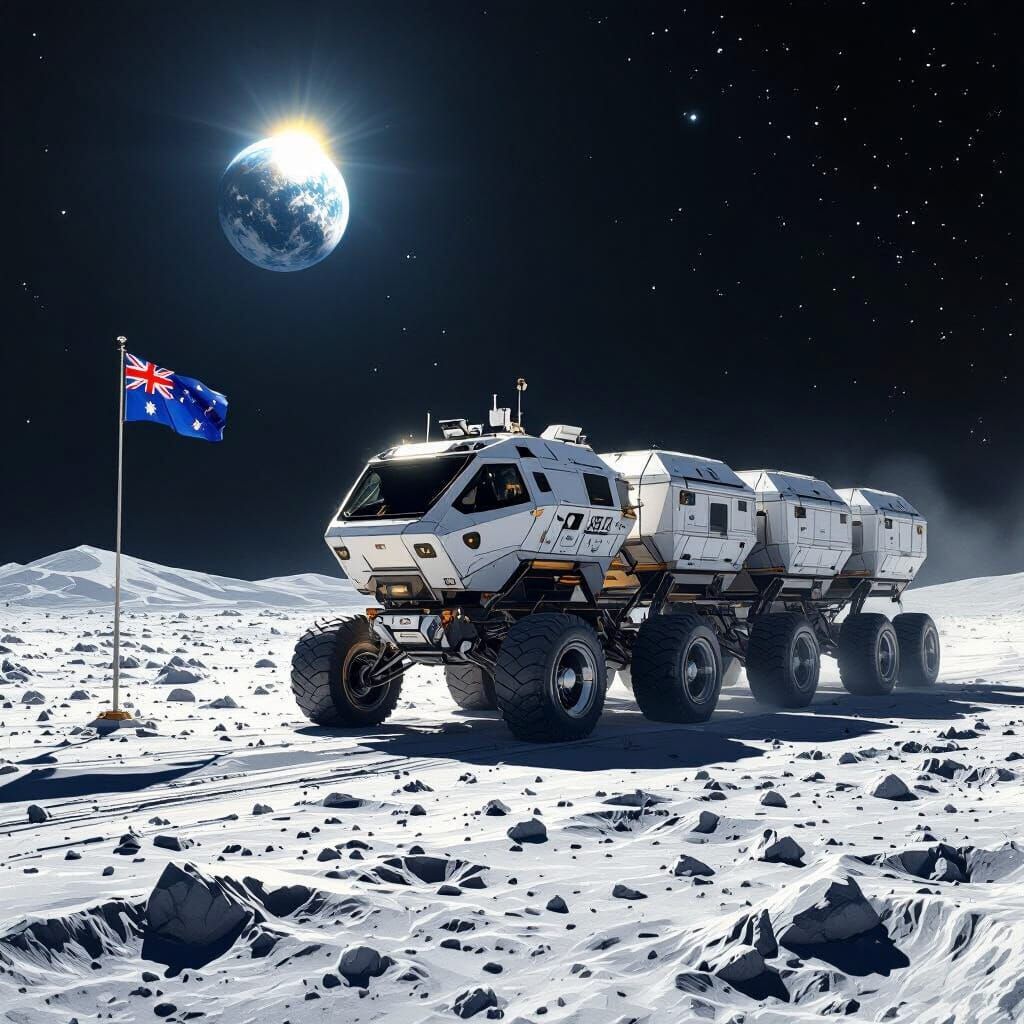 Futuristic Moon Explorer Hauls Cargo Under Starry Sky