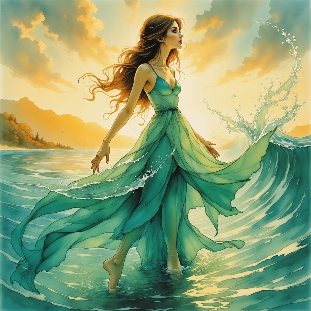 Ocean Wave Woman: Airbrush Style Portrait