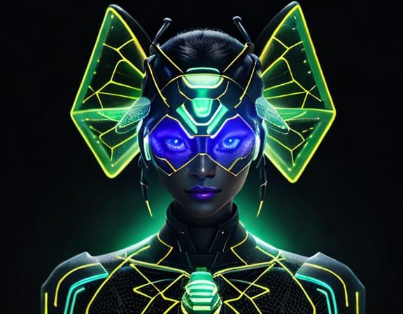 Cyborg Bee in Bioluminescent Honeycomb, Digital Art