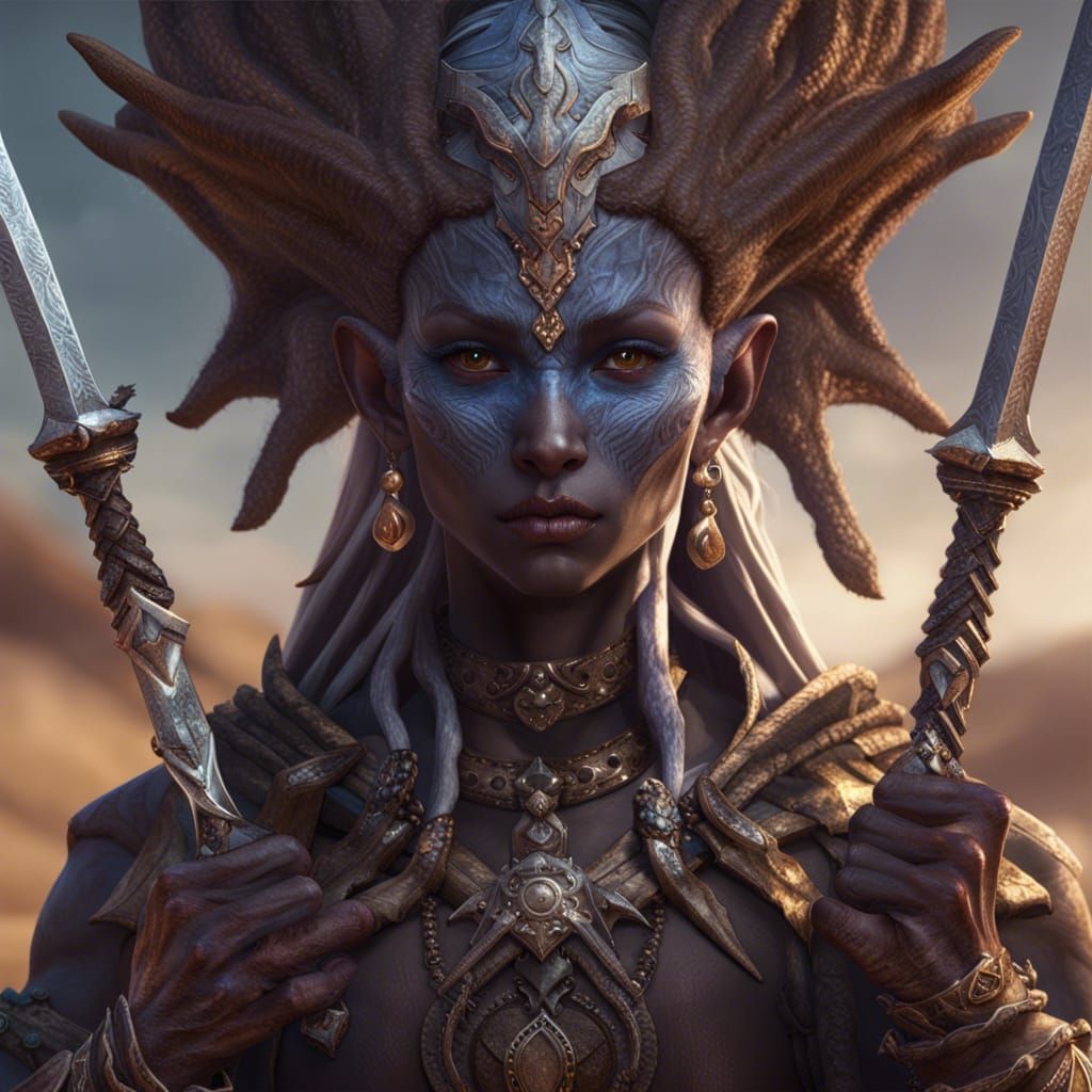 Desert Dark Elf Druid with Swords in Dark Fantasy Style