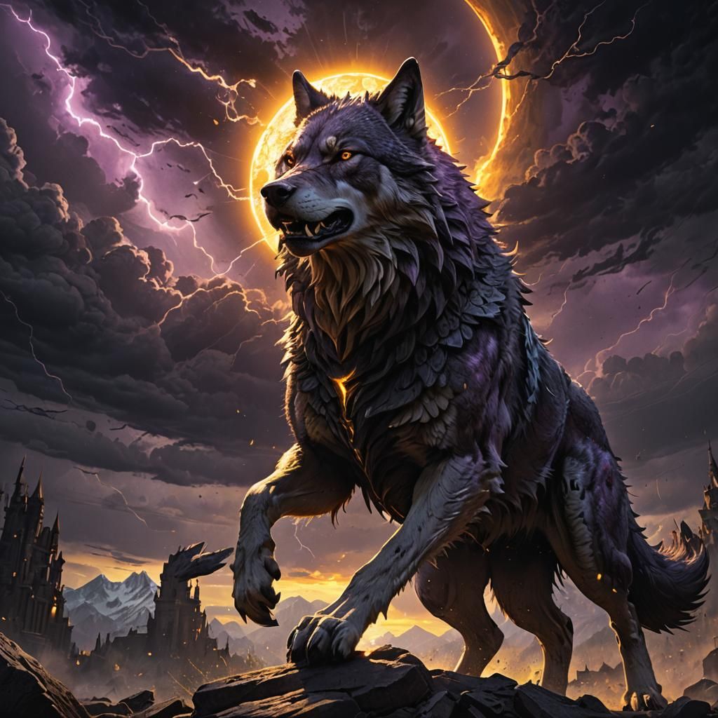 Epic Wolf Consumes Sun in Dark Fantasy Style