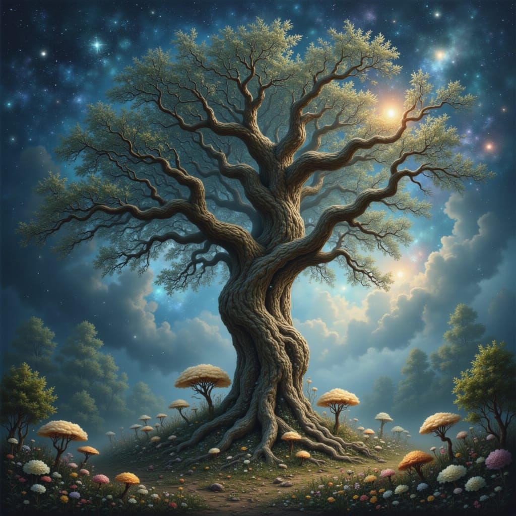 Ancient Cosmic Tree Under Swirling Nebula