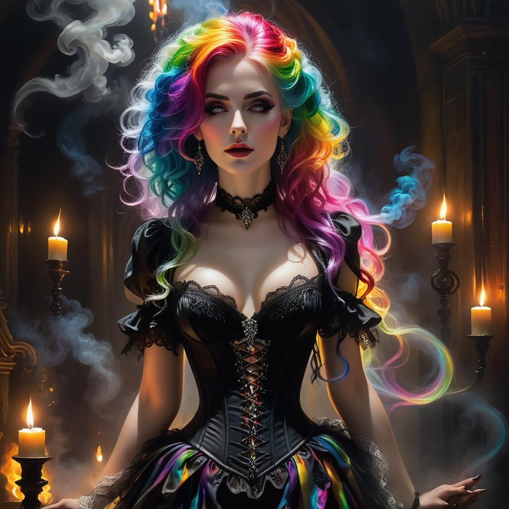 Mystical Sorceress in Gothic Hall: Oil Painting