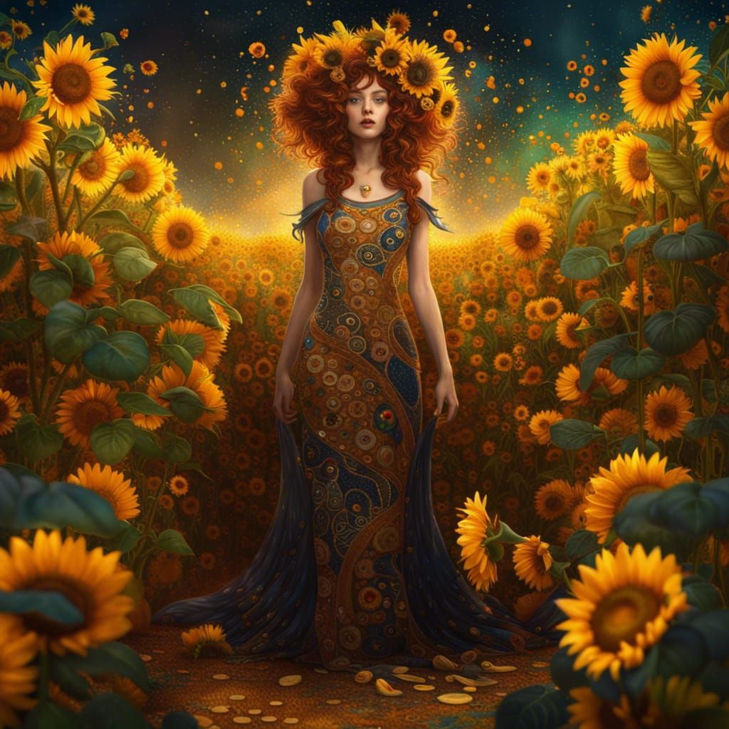 Sunflower Phoenix Painting in Klimt Style