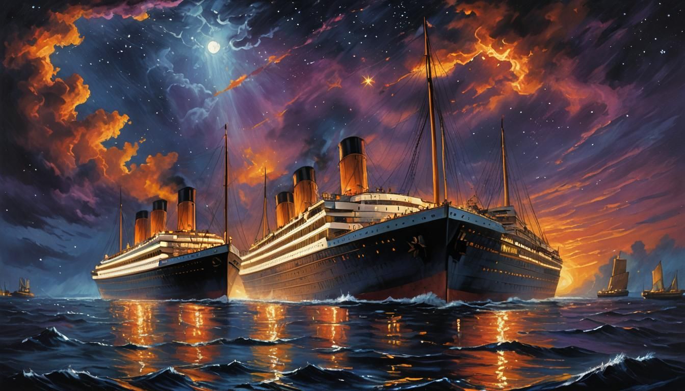 Titanic at Sea: Night Distress Signals in Oil Painting