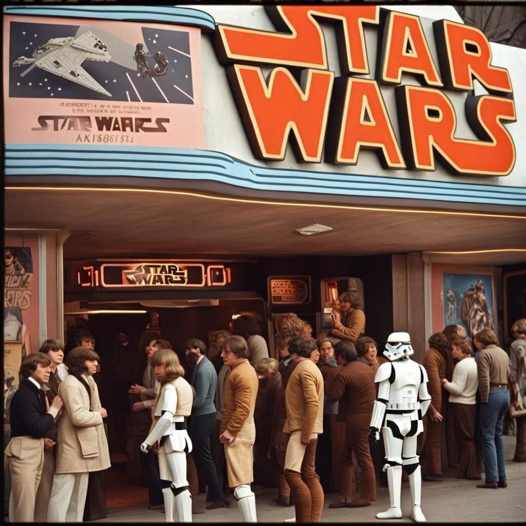 A 1970s cinema queue to see Star Wars