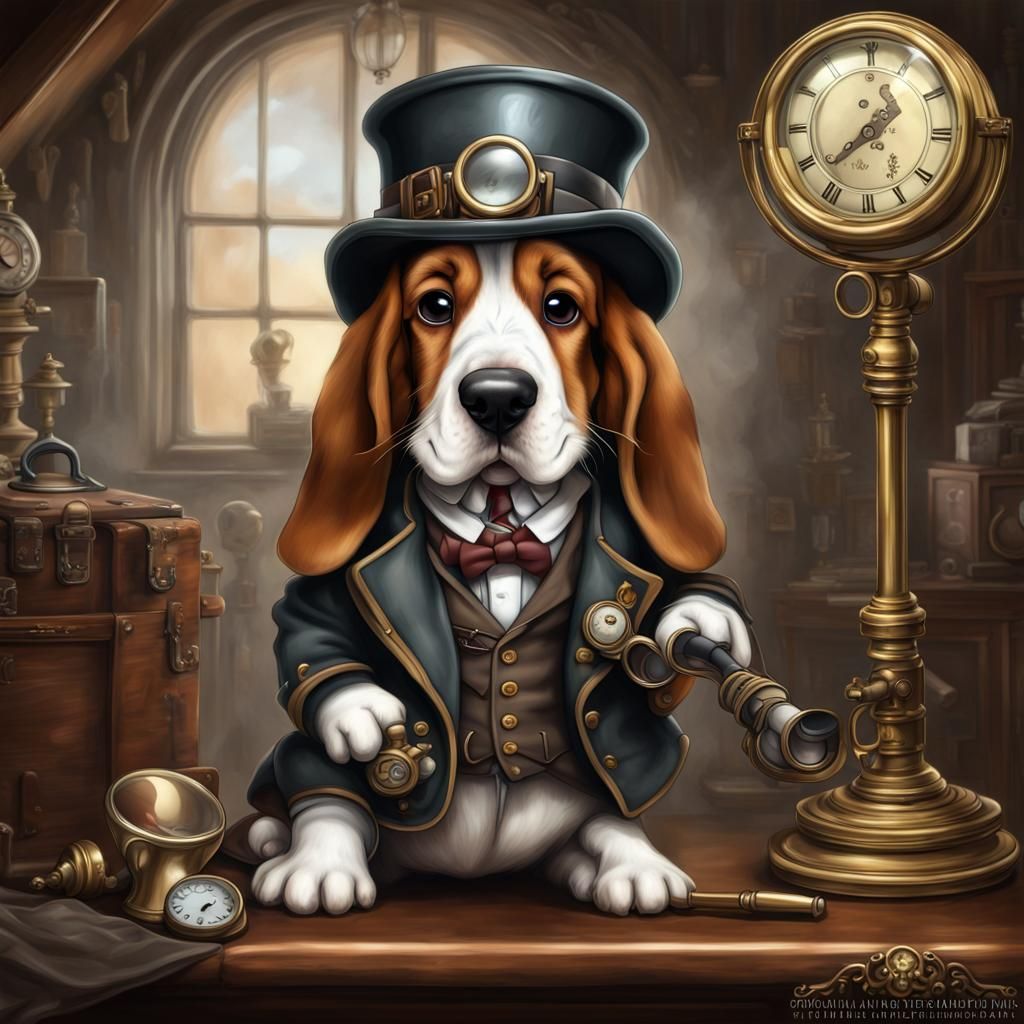 Steampunk Basset Hound Detective in Victorian Mansion