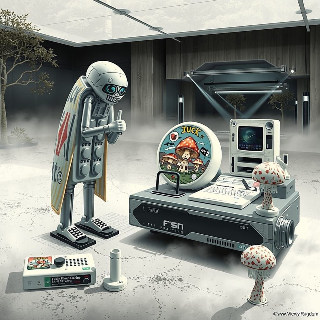 Futuristic Computer Beside Gum Bungalow in Hyperreal Style