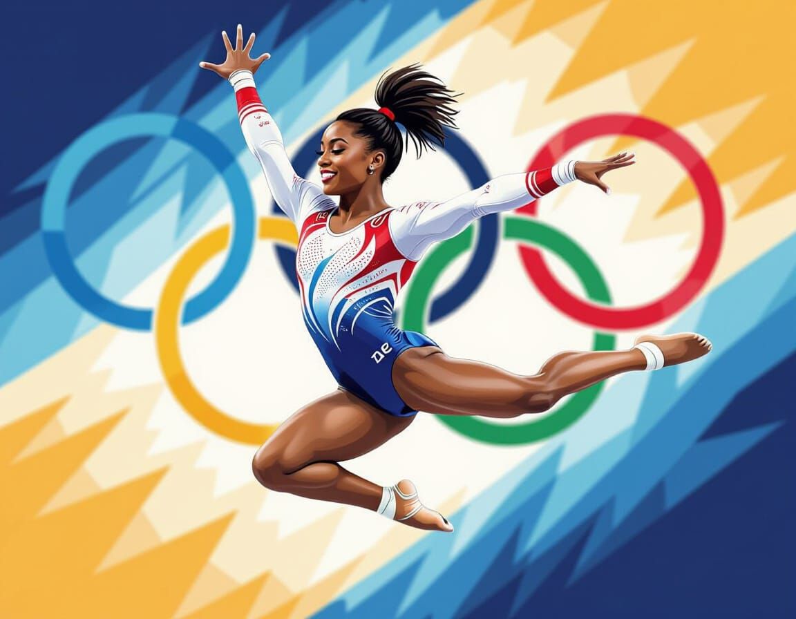 Female Gymnast in Action with Olympic Rings