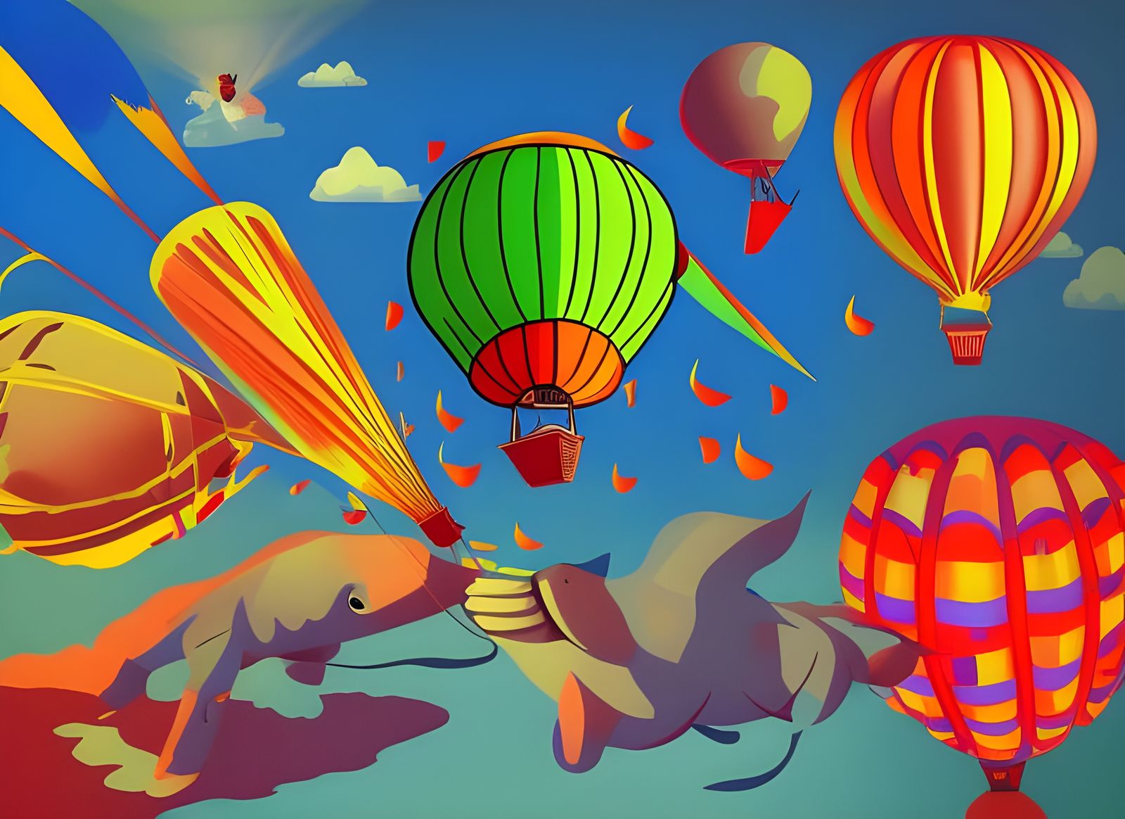 Balloon Cricket vs Whale in Art Deco Style