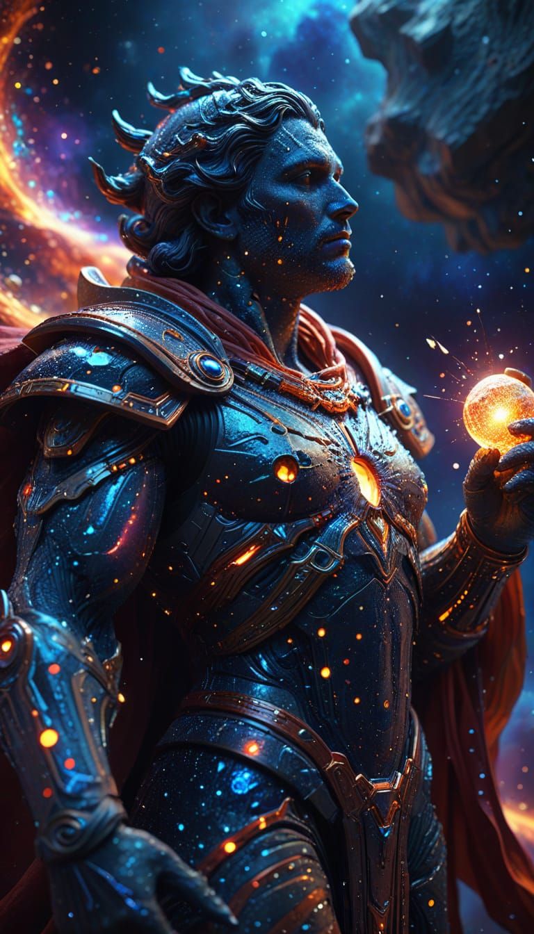 Celestial Sculptor Carving Asteroid in Art Nouveau Style