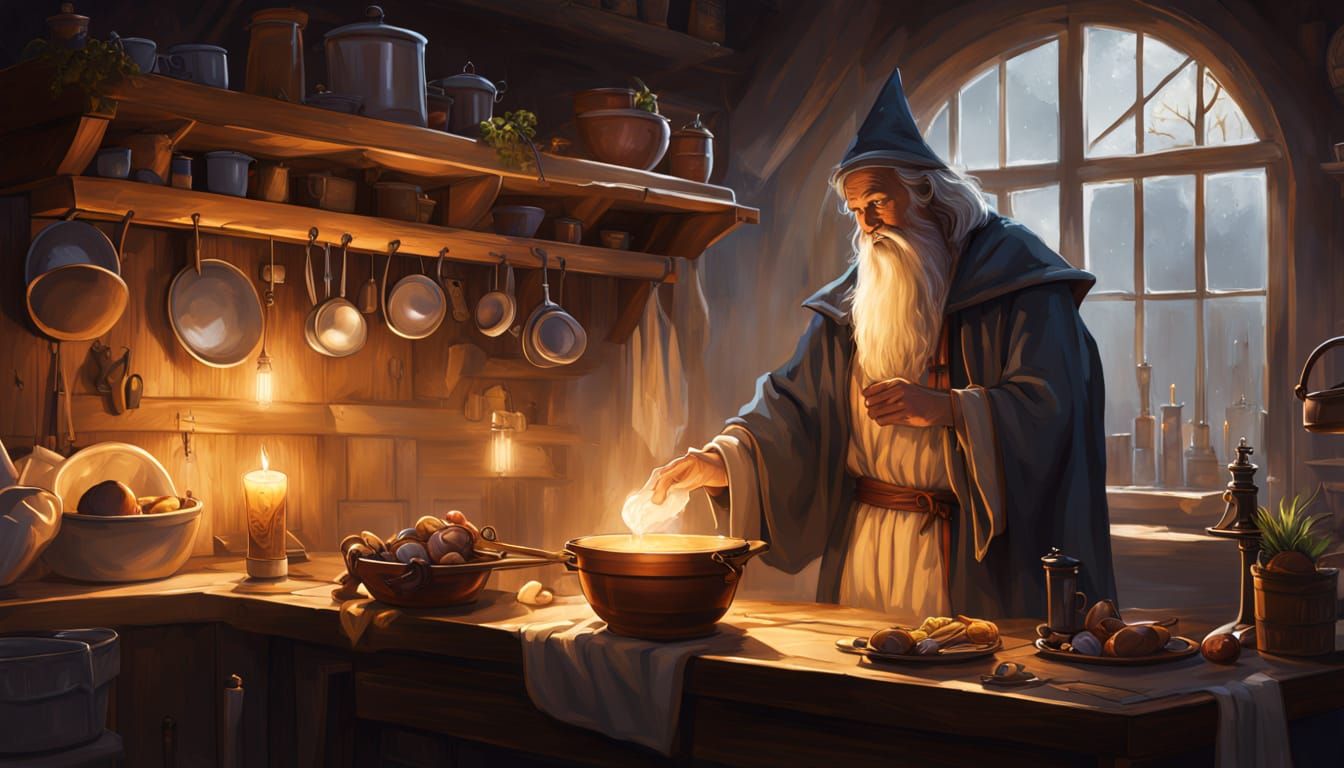 Sleepy Wizard Washes Dishes in Dim Kitchen