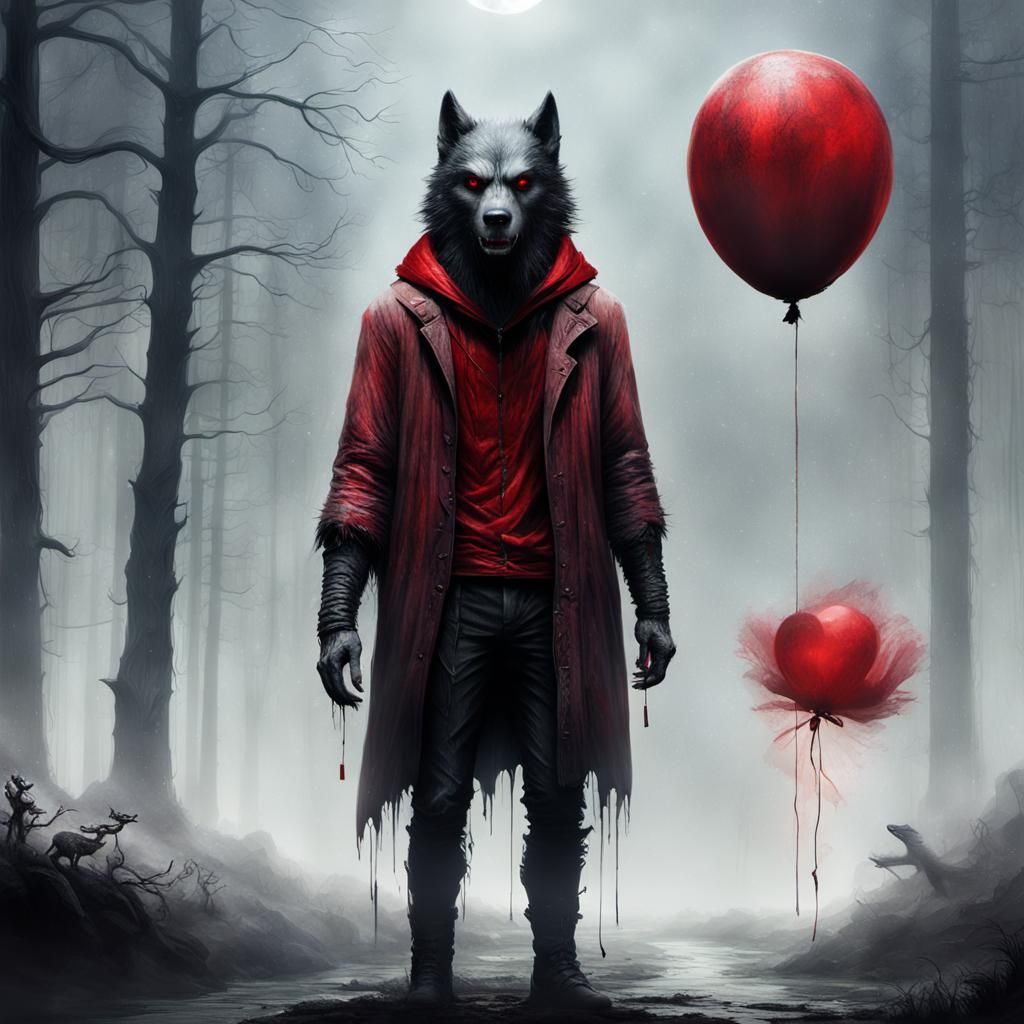 Werewolf and Girl with Balloon in Dark Surrealist Style