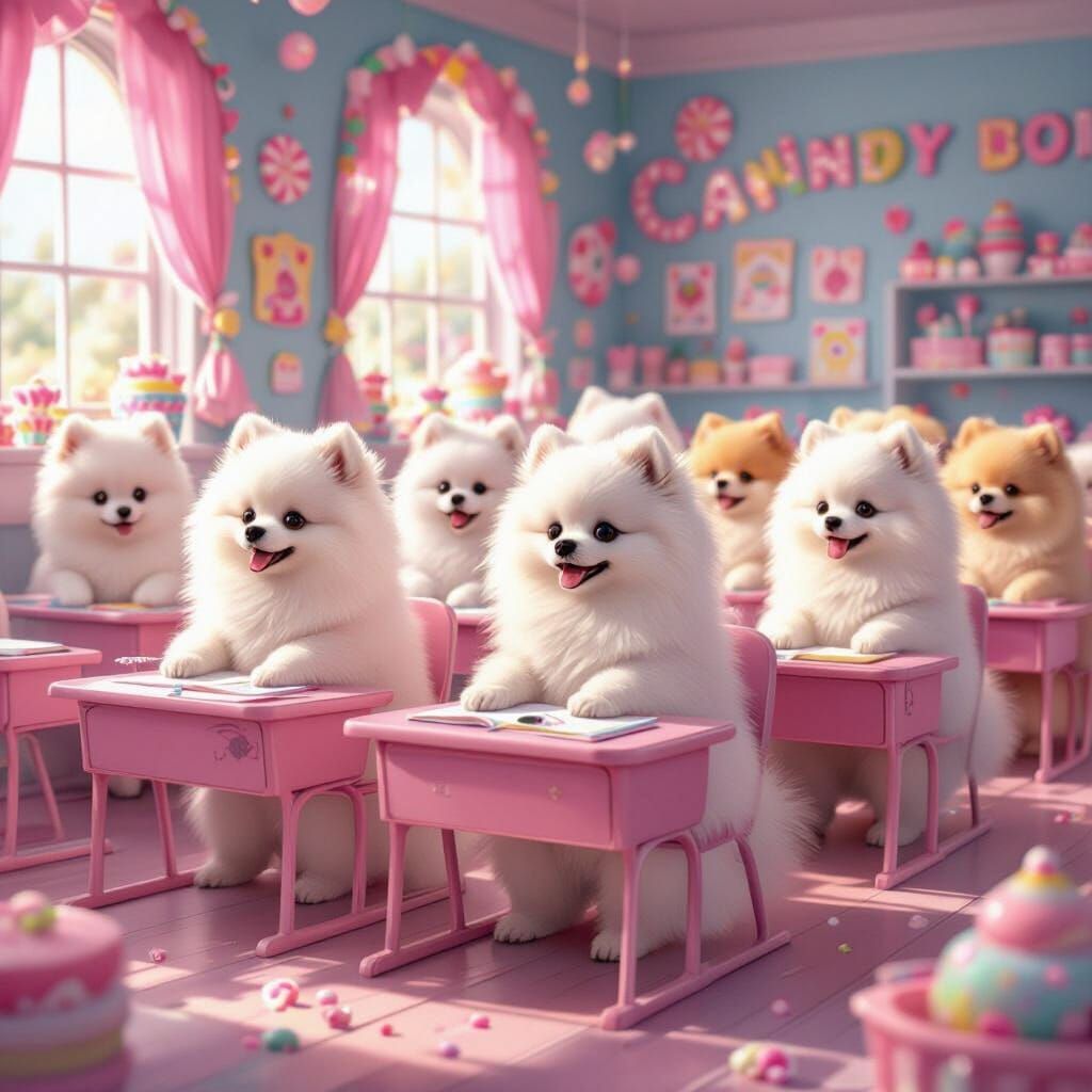 Pomeranians Learn Alphabet in Whimsical Candyland Classroom