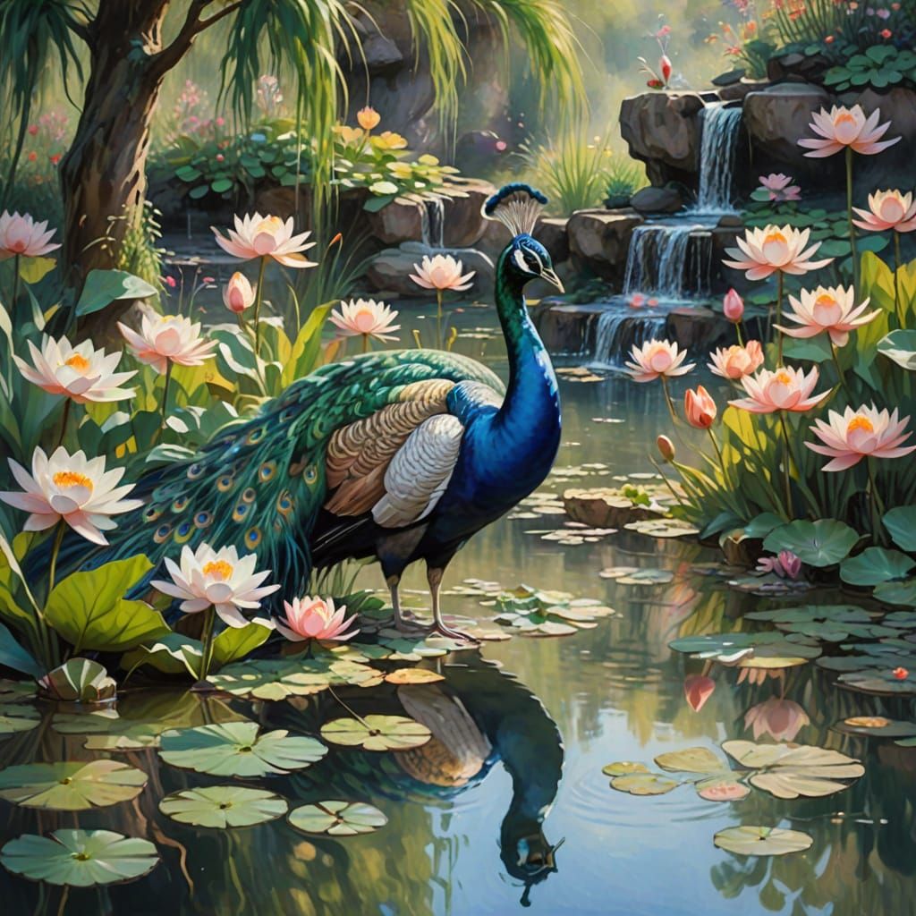 Peacock Drinks Water in Serene Impressionist Scene